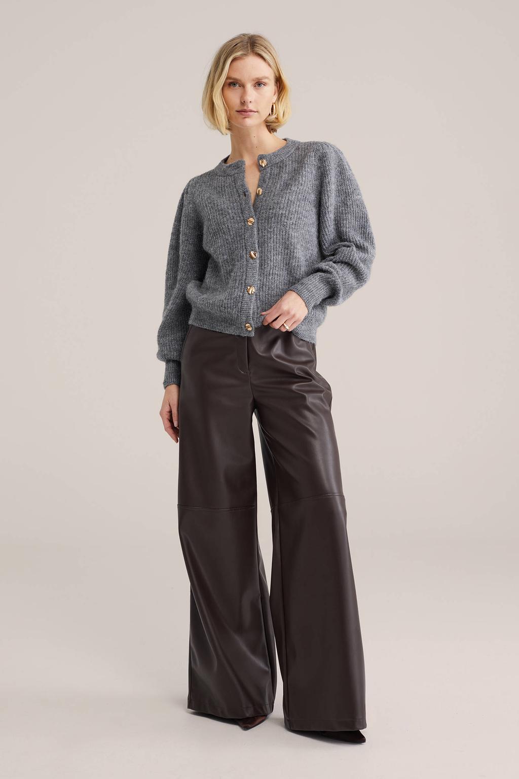 Grijze dames WE Fashion gebreid vest met effen, lange mouwen, ronde hals en knoopsluiting