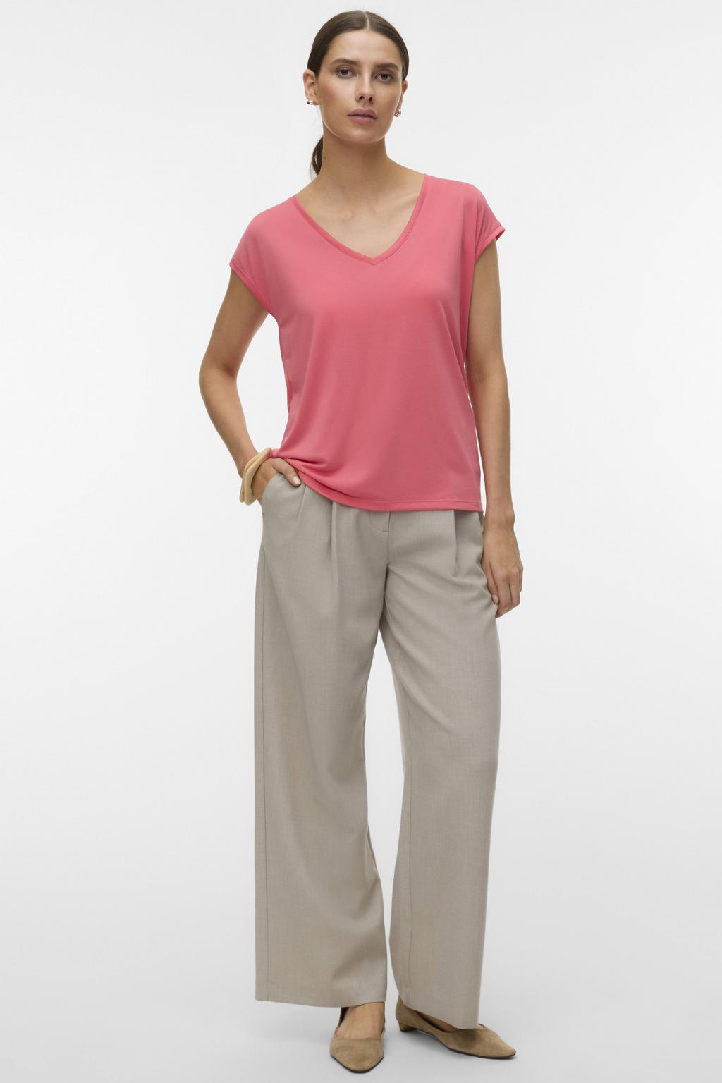 Koraalrode dames VERO MODA T-shirt van modal met effen, korte mouwen en V-hals