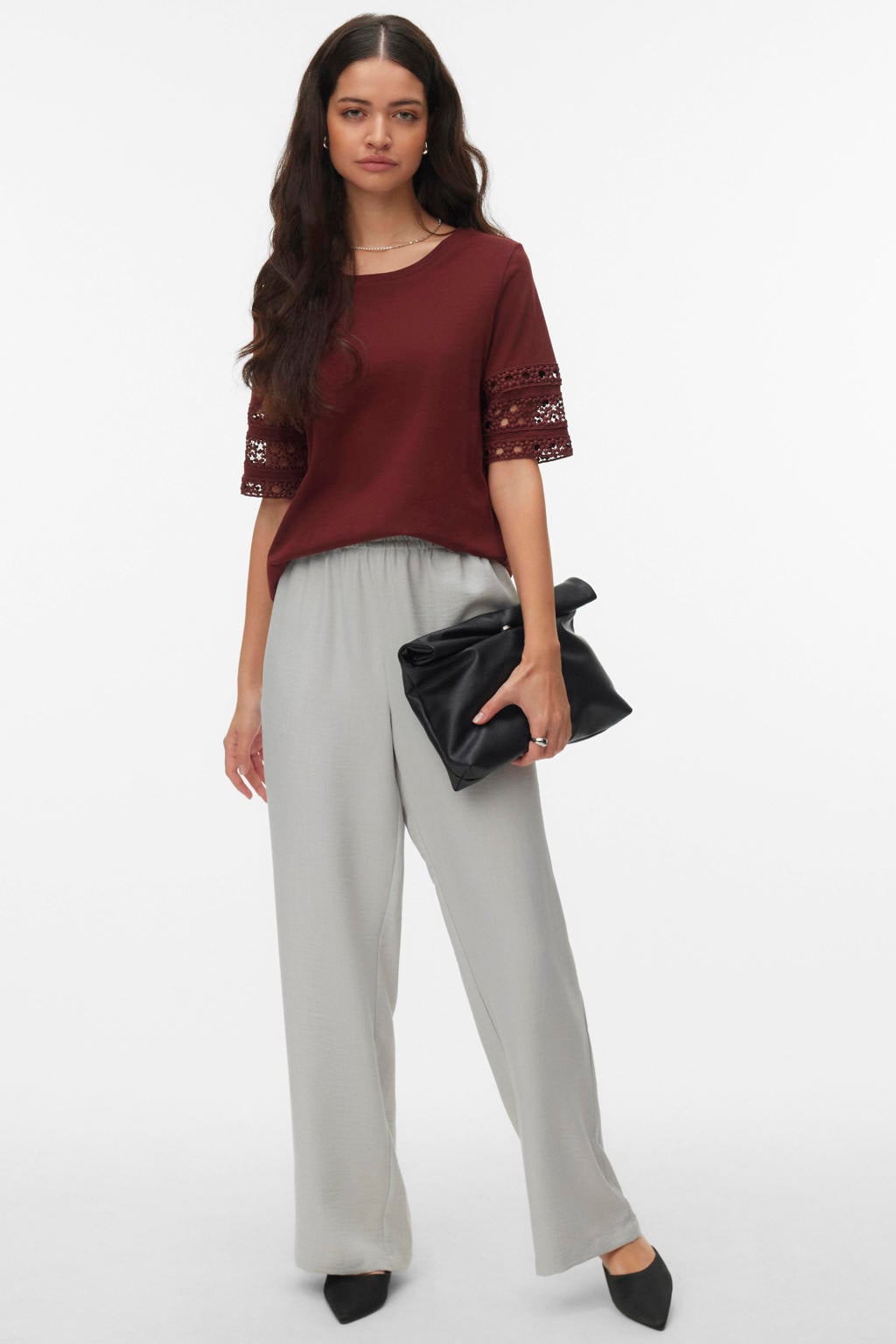 Grijsblauwe dames VERO MODA wide leg high waist casual broek blauw met effen