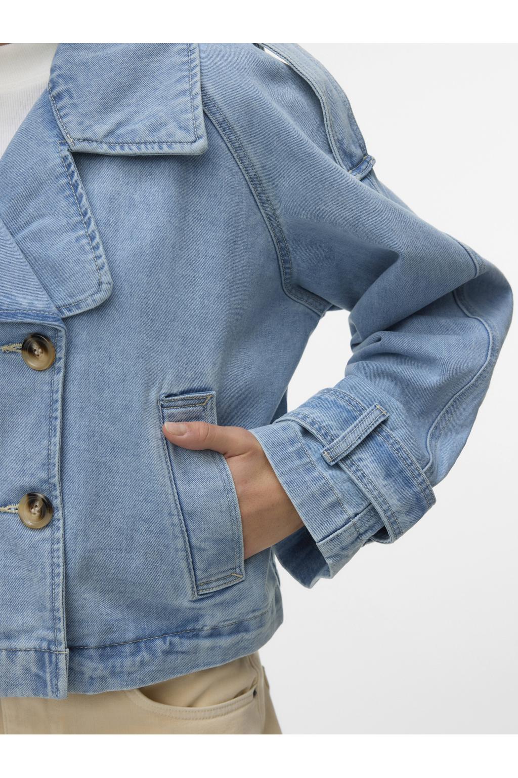 Light blue denim dames VERO MODA trenchcoat van katoen met effen, lange mouwen, reverskraag en knoopsluiting