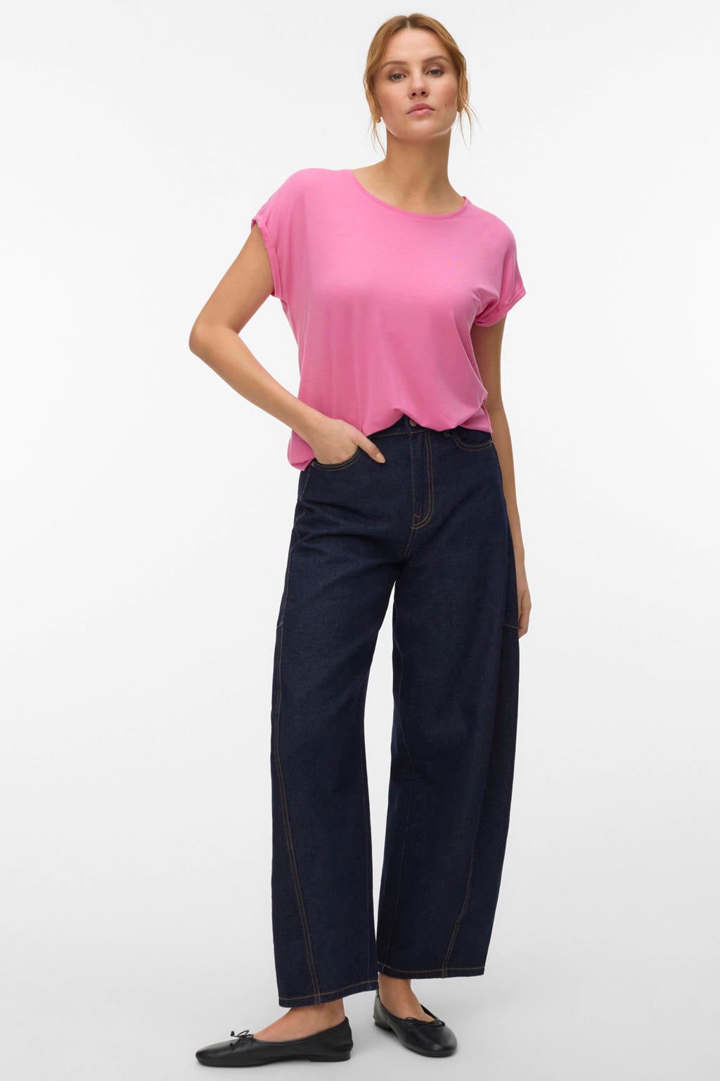 Roze dames VERO MODA T-shirt van lyocell met effen, korte mouwen en ronde hals