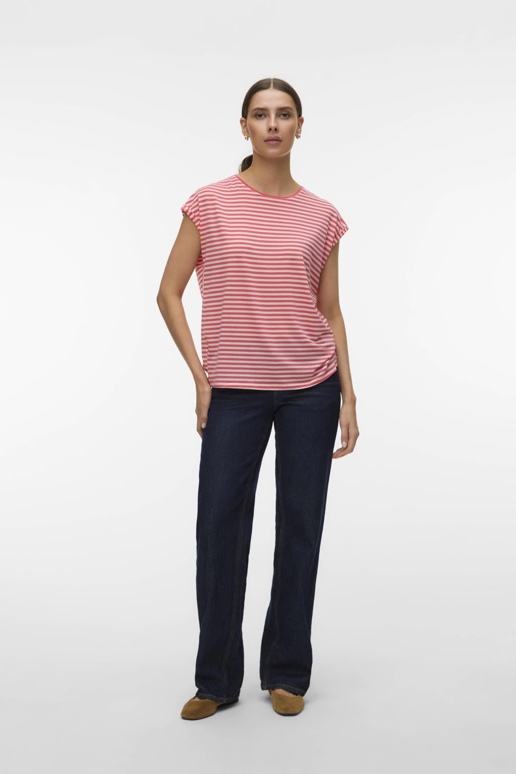 Koraalrood en witte dames VERO MODA gestreepte T-shirt van lyocell met korte mouwen en ronde hals
