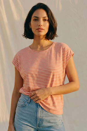 gestreepte T-shirt - koraalrood