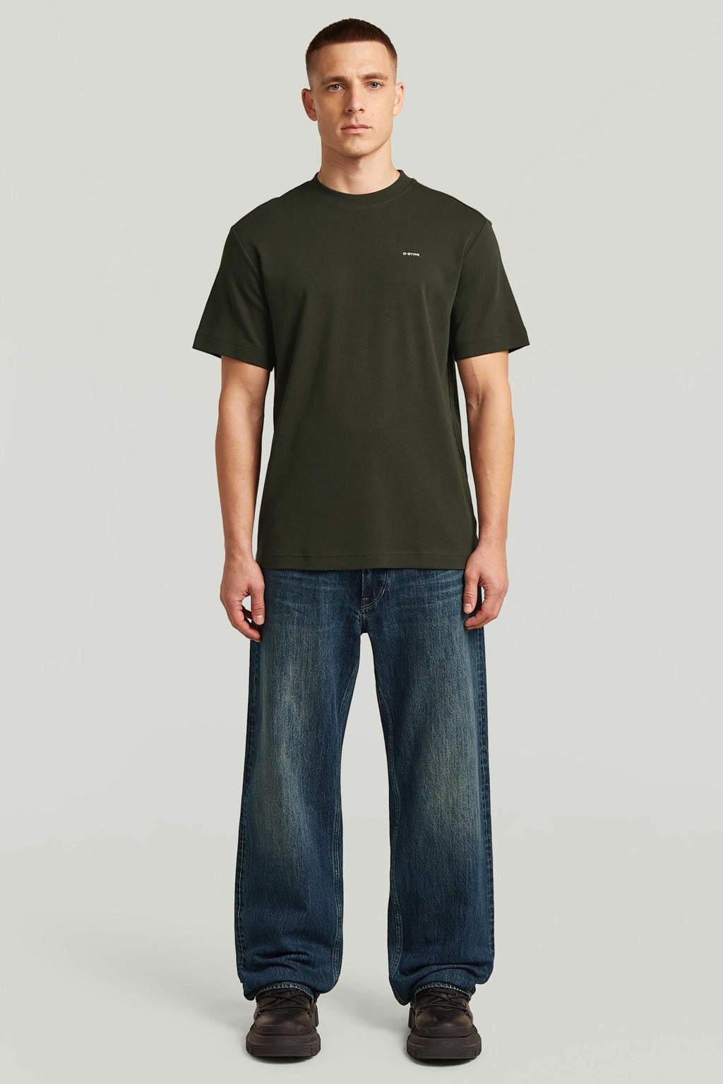 Donkergroene heren G-STAR regular T-shirt van katoen met effen, korte mouwen en ronde hals
