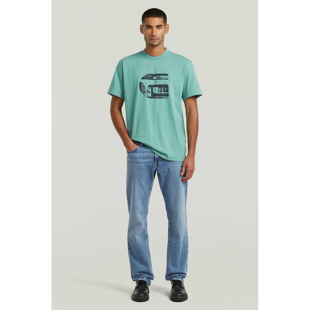 Groene heren -STAR regular T-shirt van katoen met printopdruk, korte mouwen en ronde hals