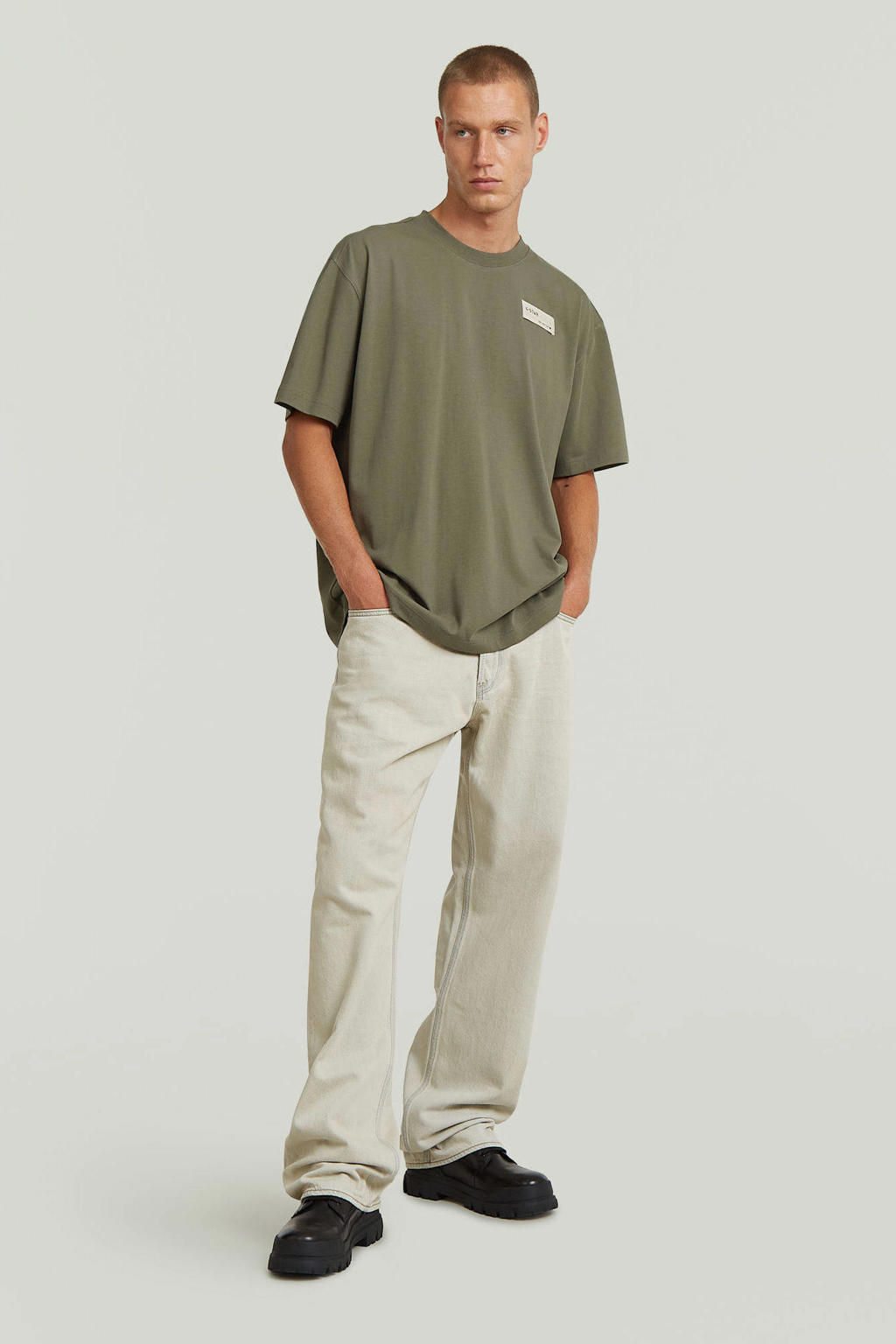 Groene heren G-STAR relaxed T-shirt van katoen met effen, korte mouwen en ronde hals