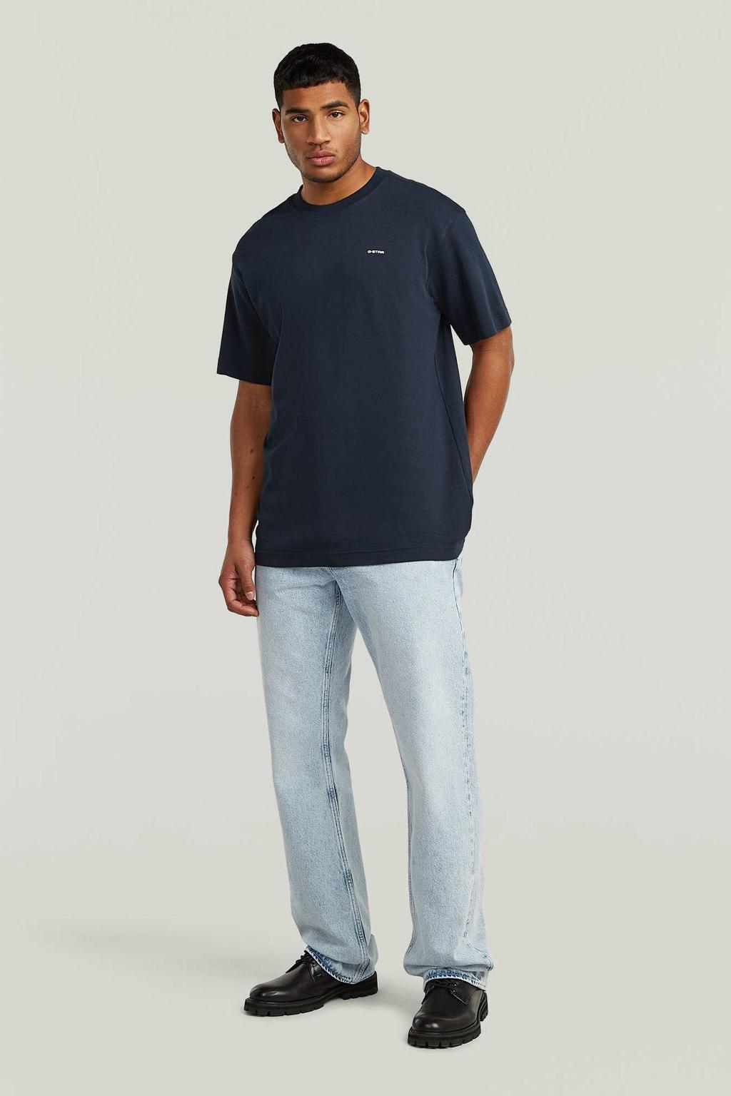 Donkerblauwe heren G-STAR regular T-shirt van denim met effen, korte mouwen en ronde hals