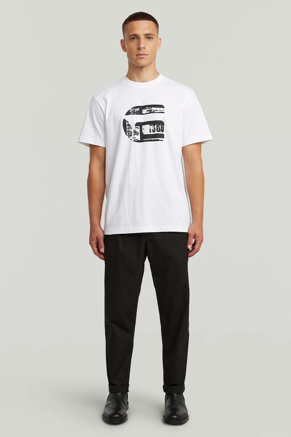 Witte heren -STAR regular T-shirt van katoen met printopdruk, korte mouwen en ronde hals