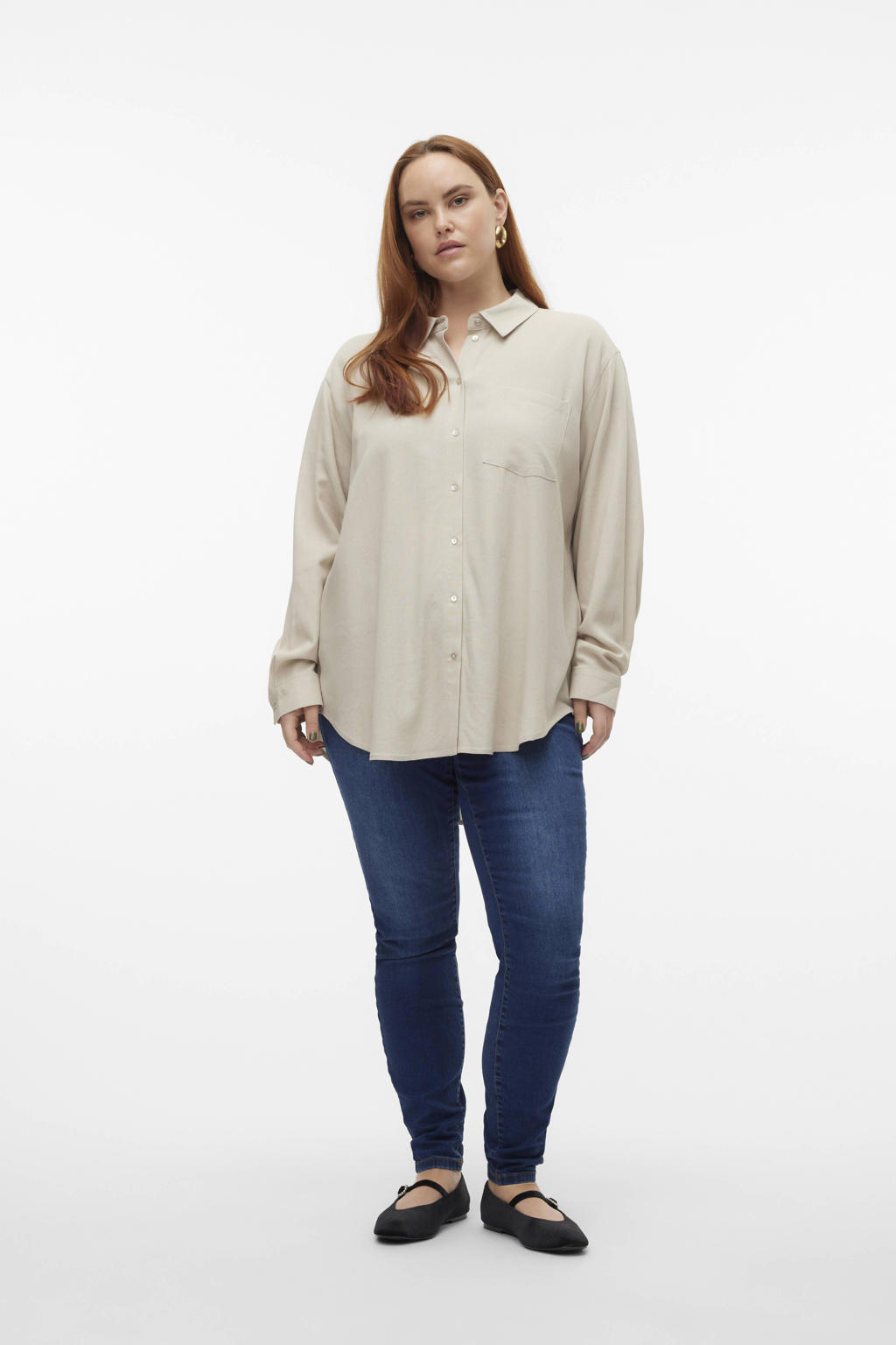 Beige dames VERO MODA CURVE blouse van viscose met effen, lange mouwen, klassieke kraag, knoopsluiting en geweven detail