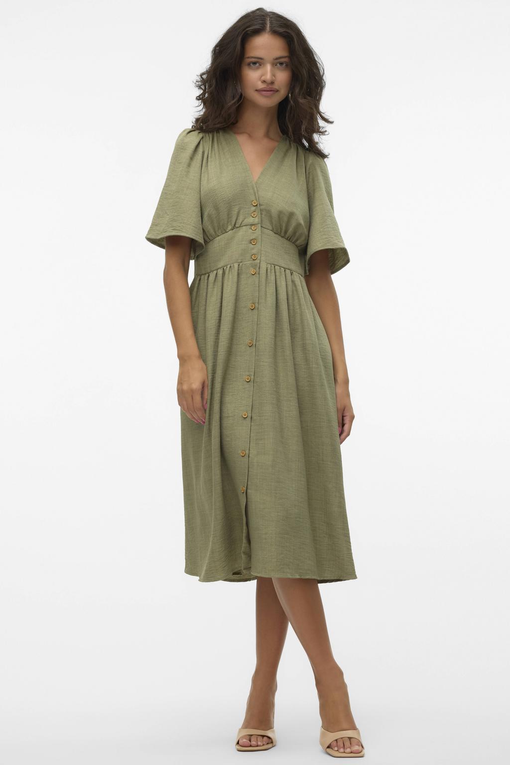 Olijfgroene dames VERO MODA zomerjurk van polyester met effen, korte mouwen, V-hals, knoopsluiting en geweven detail
