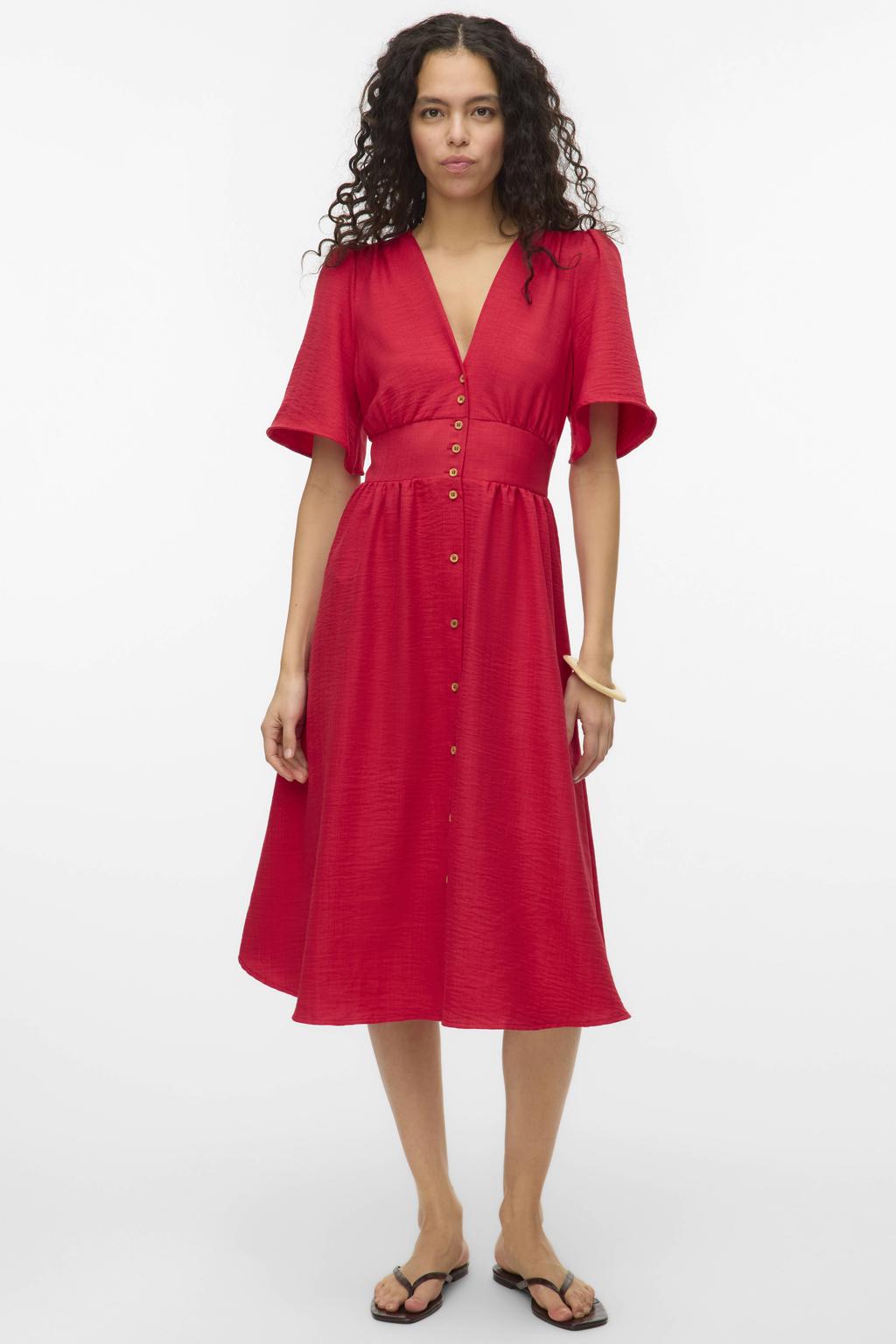 Rode dames VERO MODA zomerjurk van polyester met effen, korte mouwen, V-hals, knoopsluiting en geweven detail