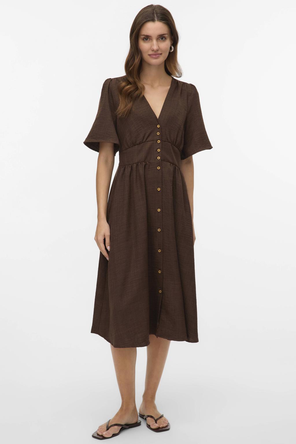 Bruine dames VERO MODA zomerjurk van polyester met effen, korte mouwen, V-hals, knoopsluiting en geweven detail
