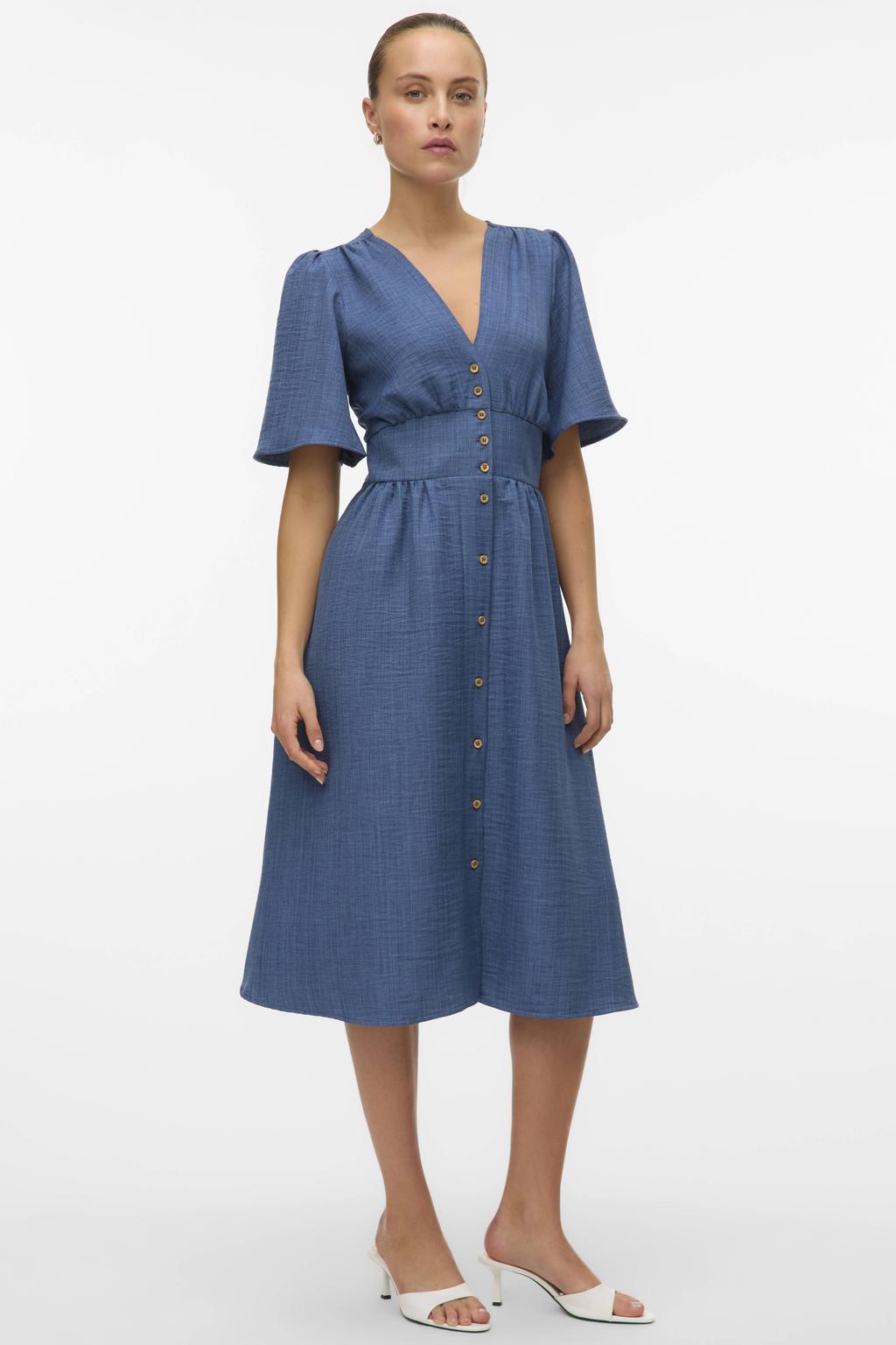 Dark blue denim dames VERO MODA zomerjurk van polyester met effen, korte mouwen, V-hals, knoopsluiting en geweven detail
