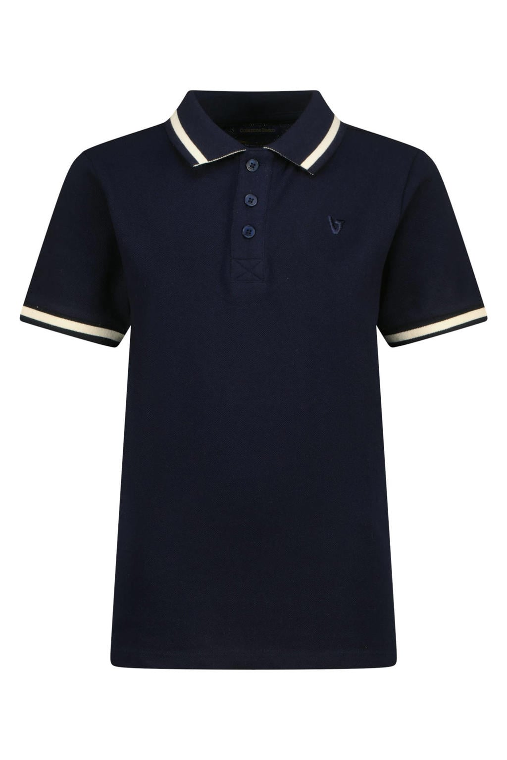 Donkerblauwe jongens Vingino polo van katoen met meerkleurige print, korte mouwen en knoopsluiting