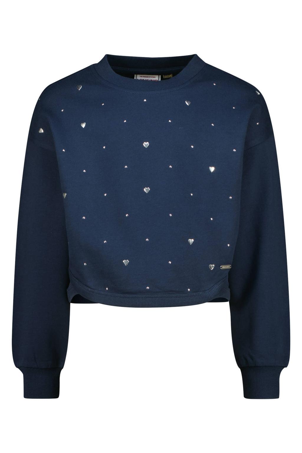 Donkerblauwe meisjes Vingino sweater van katoen met hartjesprint, lange mouwen, ronde hals en geribde boorden