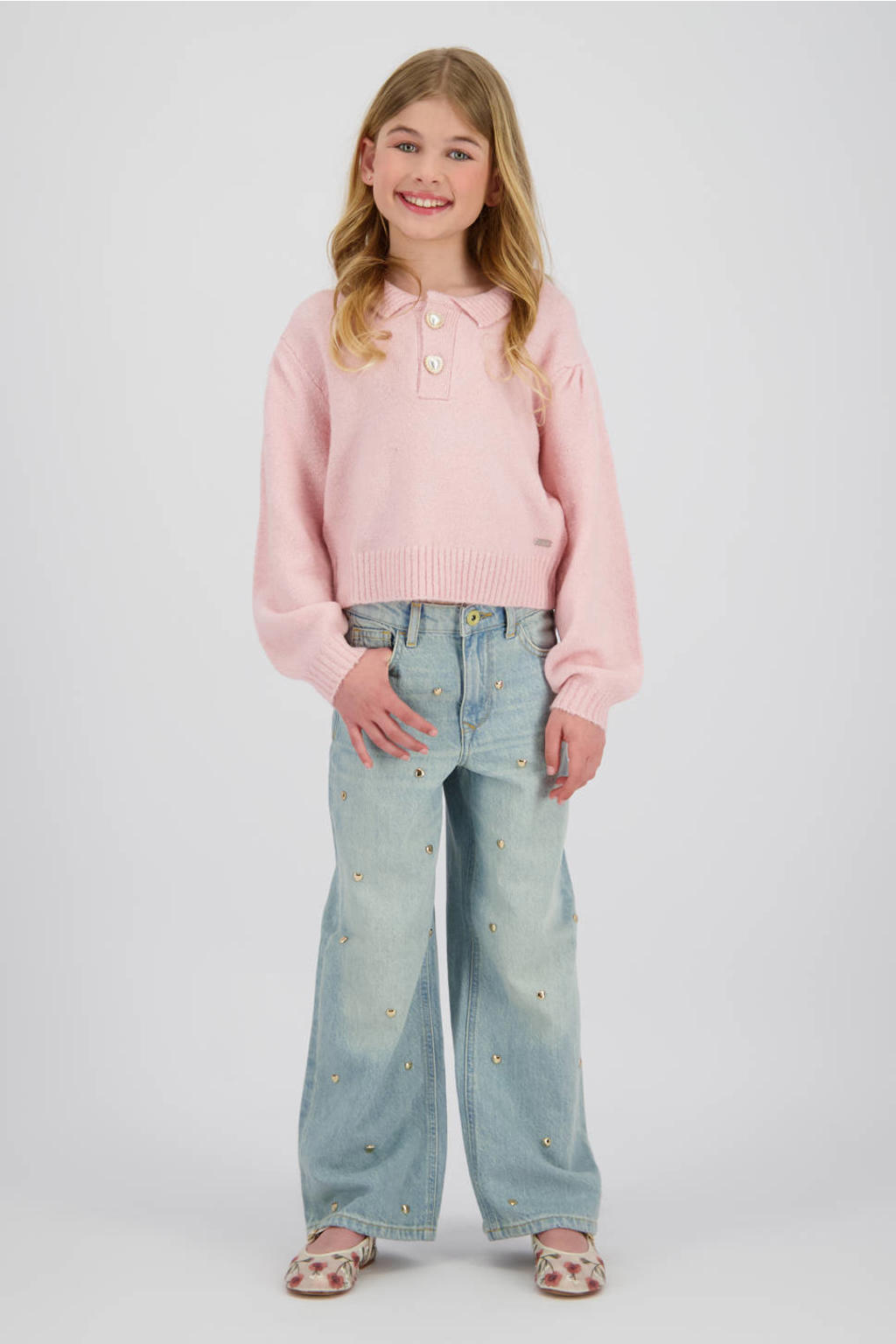 Light blue denim meisjes Vingino wide leg jeans wide leg jeans van denim met rits- en knoopsluiting en hartjesprint