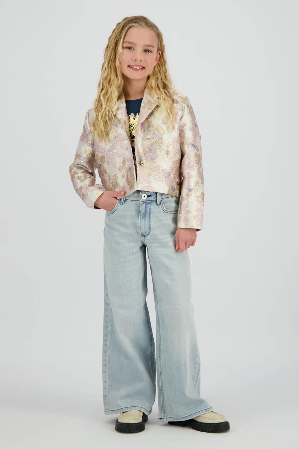 Beige en gouden meisjes Vingino gebloemde cropped blazer van polyester met lange mouwen, reverskraag en knoopsluiting