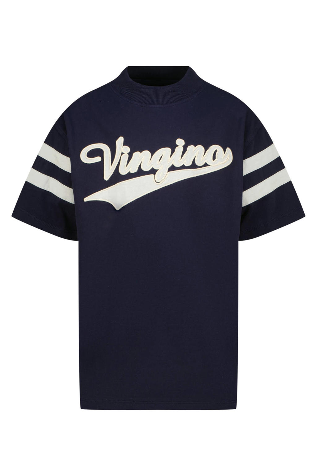 Donkerblauw en witte jongens Vingino T-shirt van katoen met logo dessin, korte mouwen en ronde hals