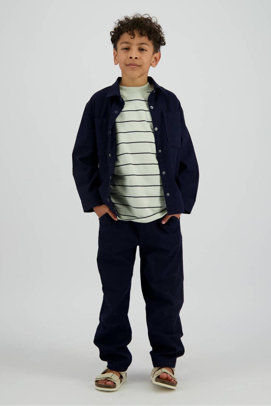 Donkerblauwe jongens Vingino regular casual broek van katoen met rits- en knoopsluiting en effen