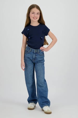 gebloemde T-shirt donkerblauw