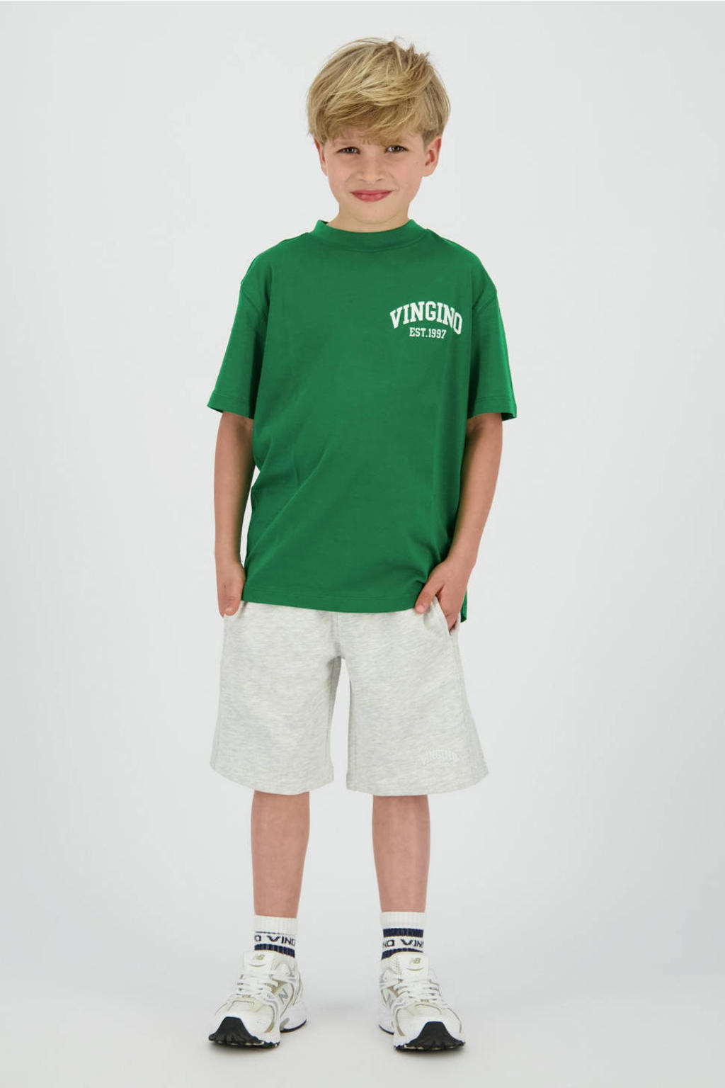 Groene jongens Vingino T-shirt van katoen met logo dessin, korte mouwen en ronde hals