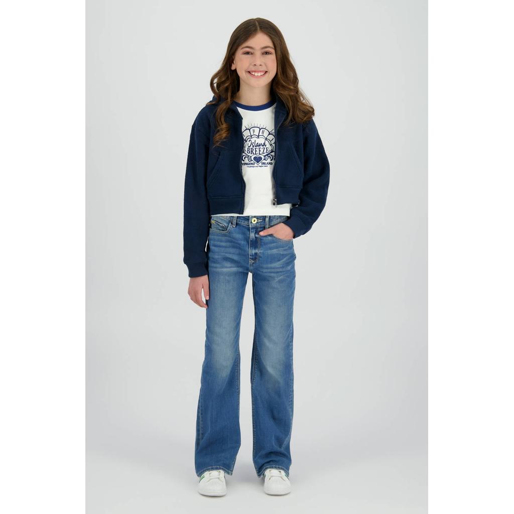Donkerblauwe meisjes Vingino sweatvest met effen, lange mouwen, capuchon, ritssluiting en geribde boorden