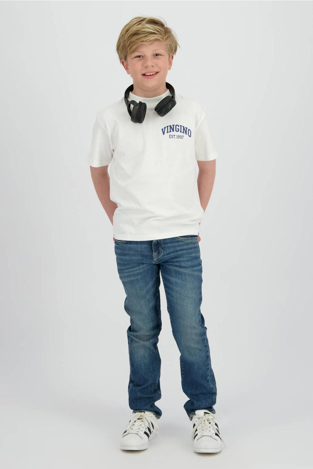 Witte jongens Vingino T-shirt van katoen met logo dessin, korte mouwen en ronde hals