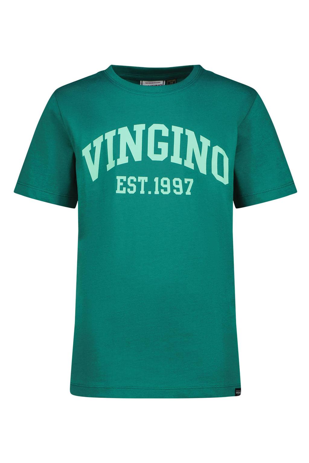Donkergroene jongens Vingino T-shirt van katoen met logo dessin, korte mouwen en ronde hals