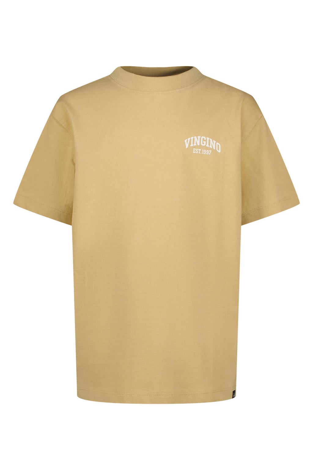 Lichtbruine jongens Vingino T-shirt van katoen met effen, korte mouwen en ronde hals