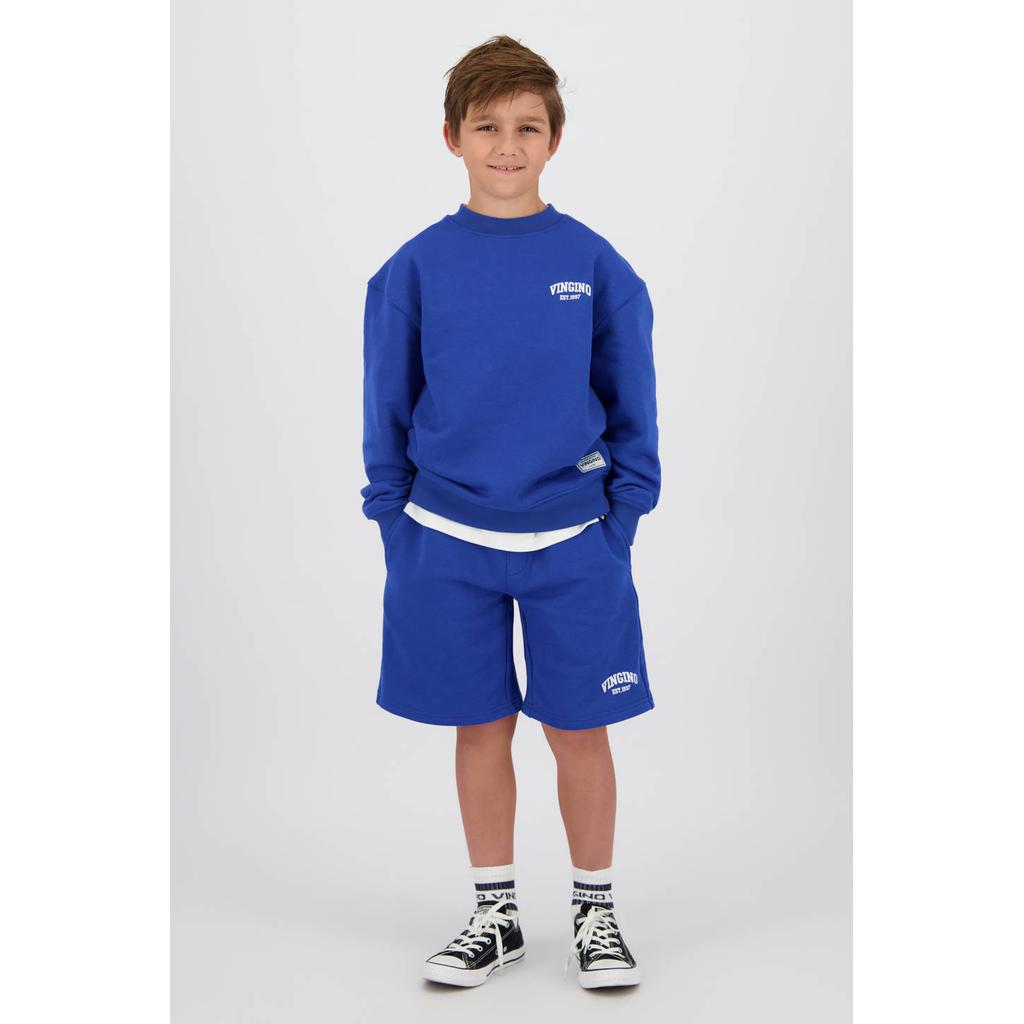 Blauwe jongens Vingino sweater met printopdruk, lange mouwen, choker hals en geribde boorden