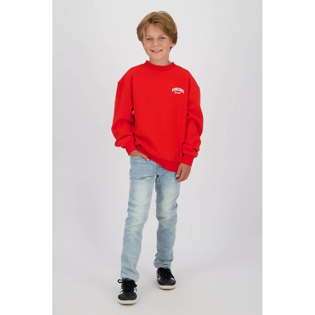 Rode jongens Vingino sweater met printopdruk, lange mouwen, choker hals en geribde boorden