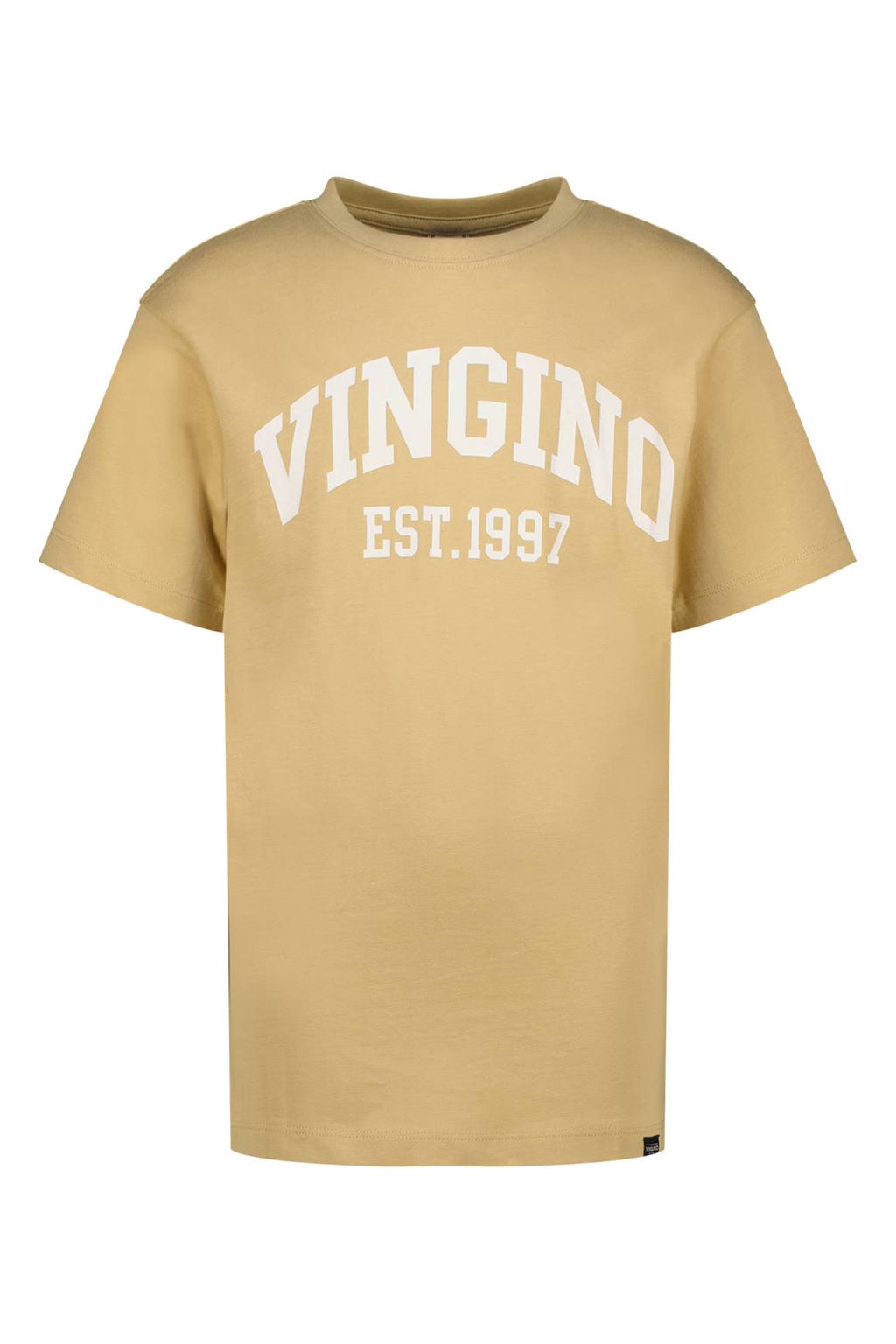 Zandkleurige jongens Vingino T-shirt van katoen met logo dessin, korte mouwen en ronde hals