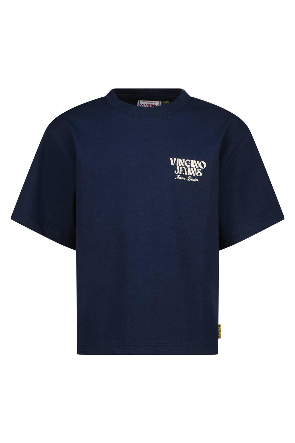 Donkerblauwe meisjes Vingino T-shirt van katoen met printopdruk, korte mouwen en ronde hals