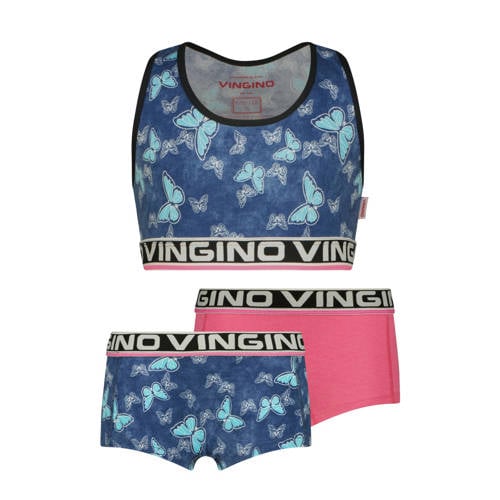 Vingino bh top + 2 shorts blauw/roze
