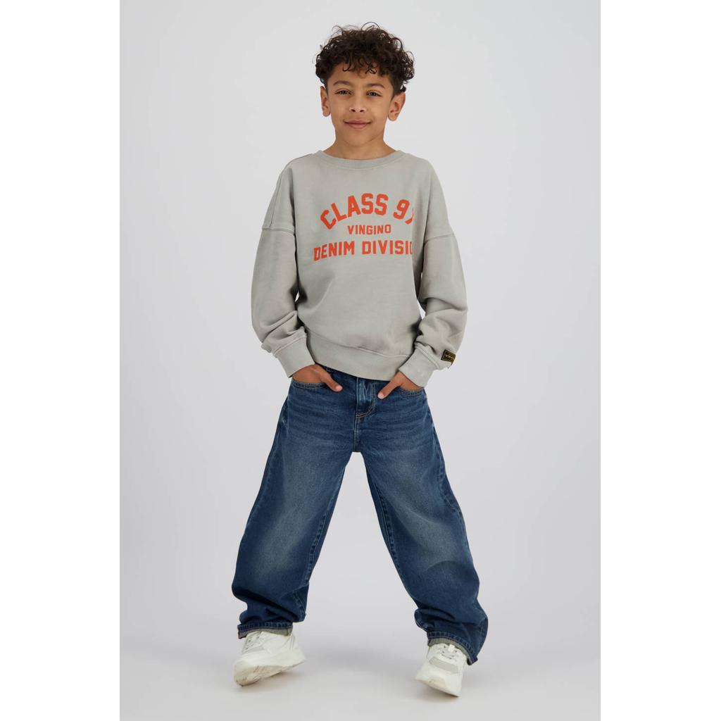 Grijze jongens Vingino sweater van katoen met printopdruk, lange mouwen, ronde hals en geribde boorden