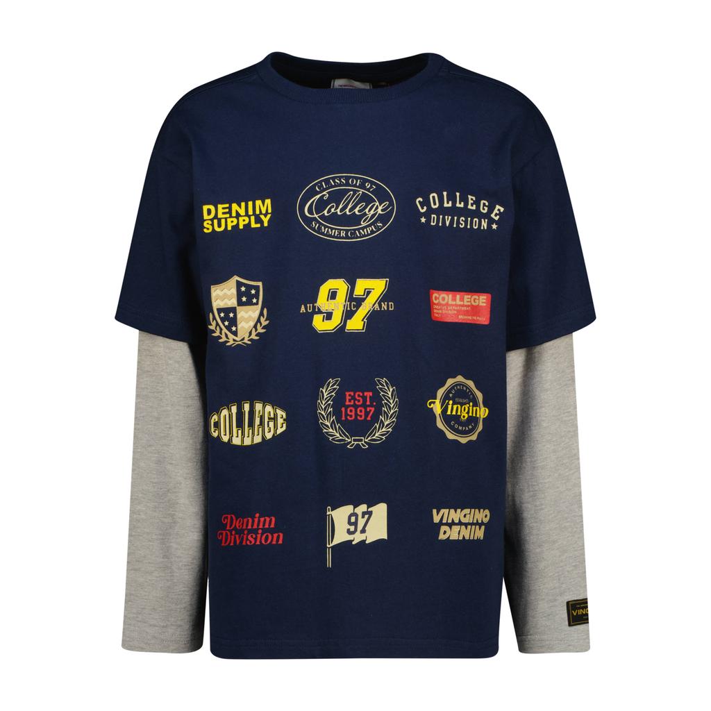 Donkerblauw en grijze jongens Vingino longsleeve van katoen met printopdruk, lange mouwen en ronde hals