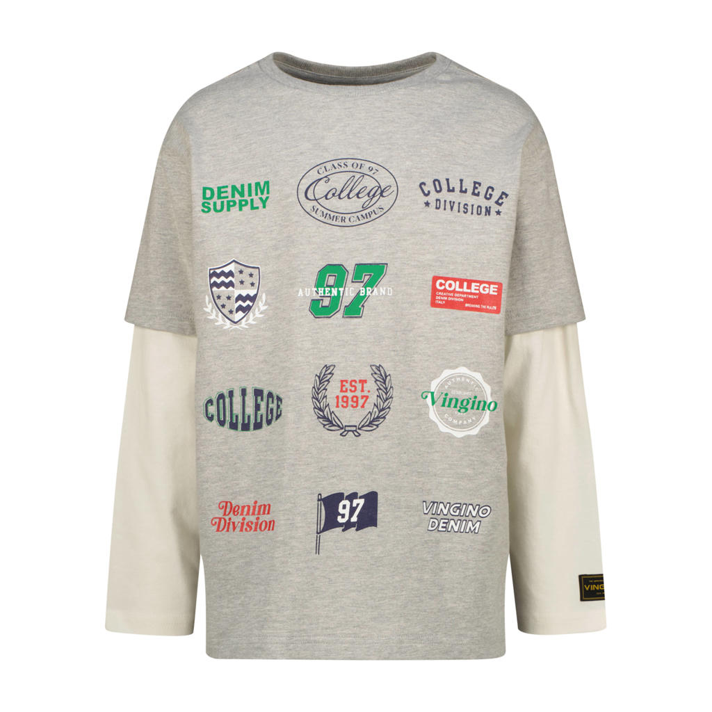 Grijs melange, grijs en witte jongens Vingino longsleeve melange van katoen met printopdruk, lange mouwen en ronde hals