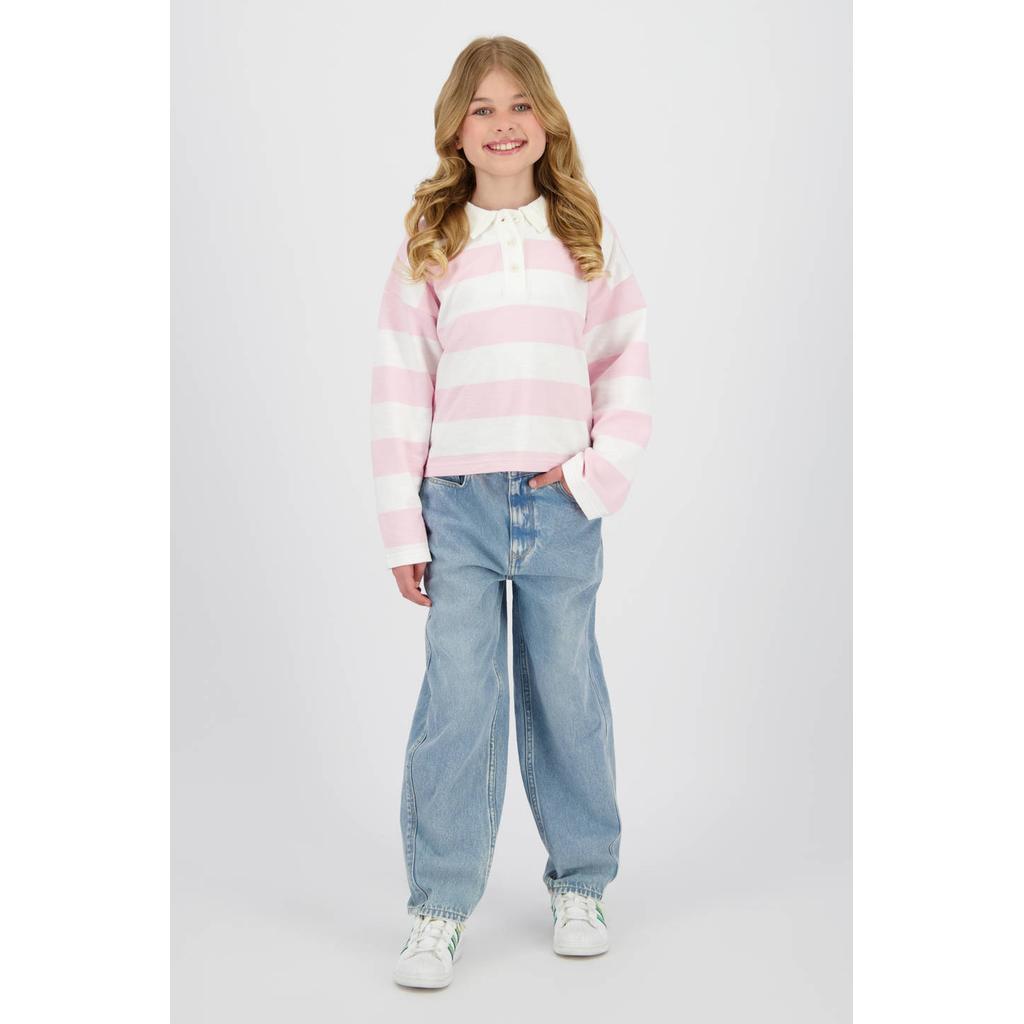 Roze en witte meisjes Vingino gestreepte sweater met lange mouwen, klassieke kraag en knoopsluiting