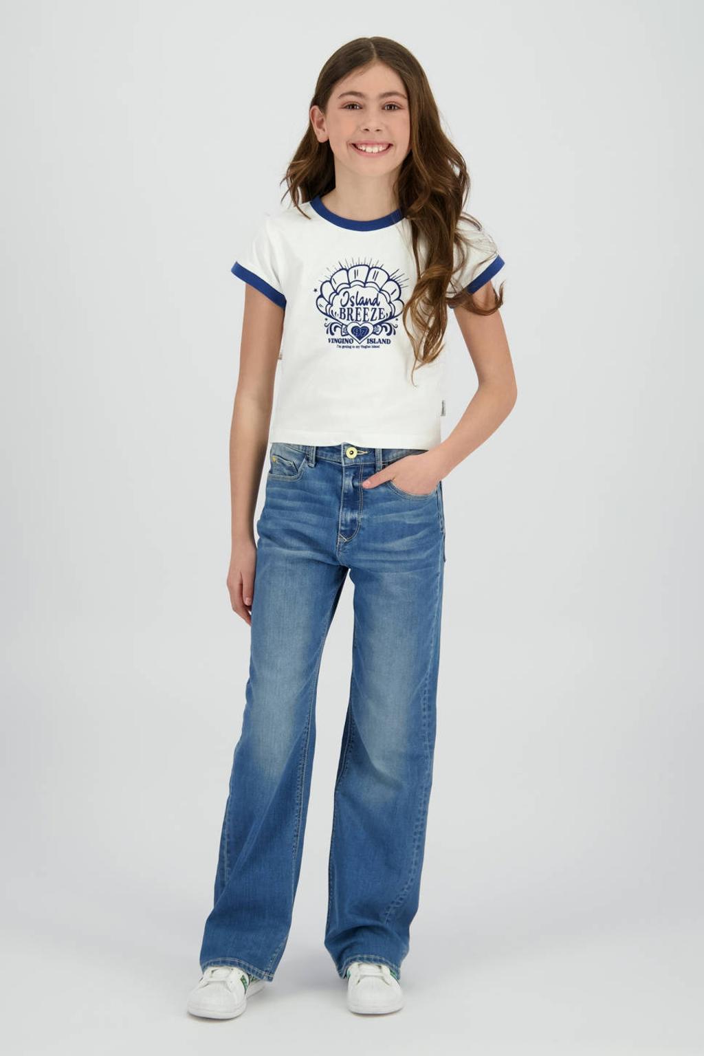 Medium blue denim meisjes Vingino high waist flared jeans van stretchdenim met rits- en knoopsluiting en effen