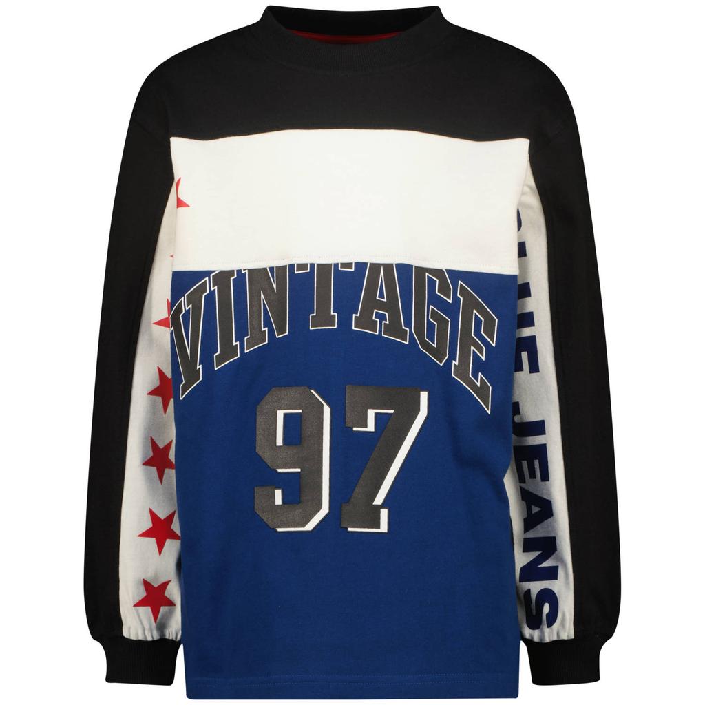 Blauw, wit en zwarte jongens Vingino longsleeve van katoen met lange mouwen, ronde hals en geribde boorden