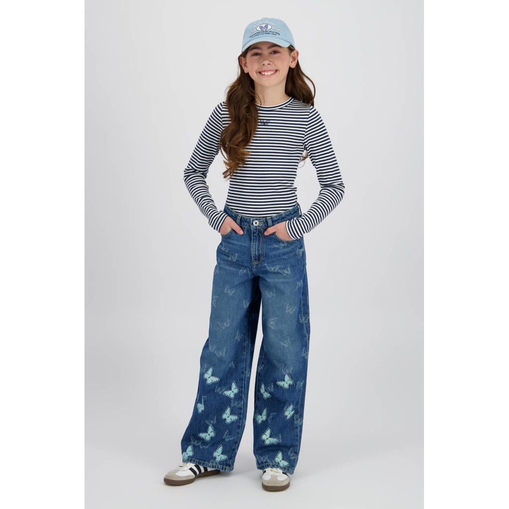 Medium blue denim meisjes Vingino high waist wide leg jeans van denim met rits- en knoopsluiting