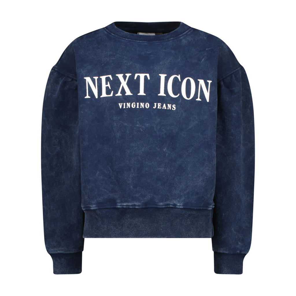 Donkerblauwe meisjes Vingino sweater van katoen met tekst print, lange mouwen, ronde hals en geribde boorden