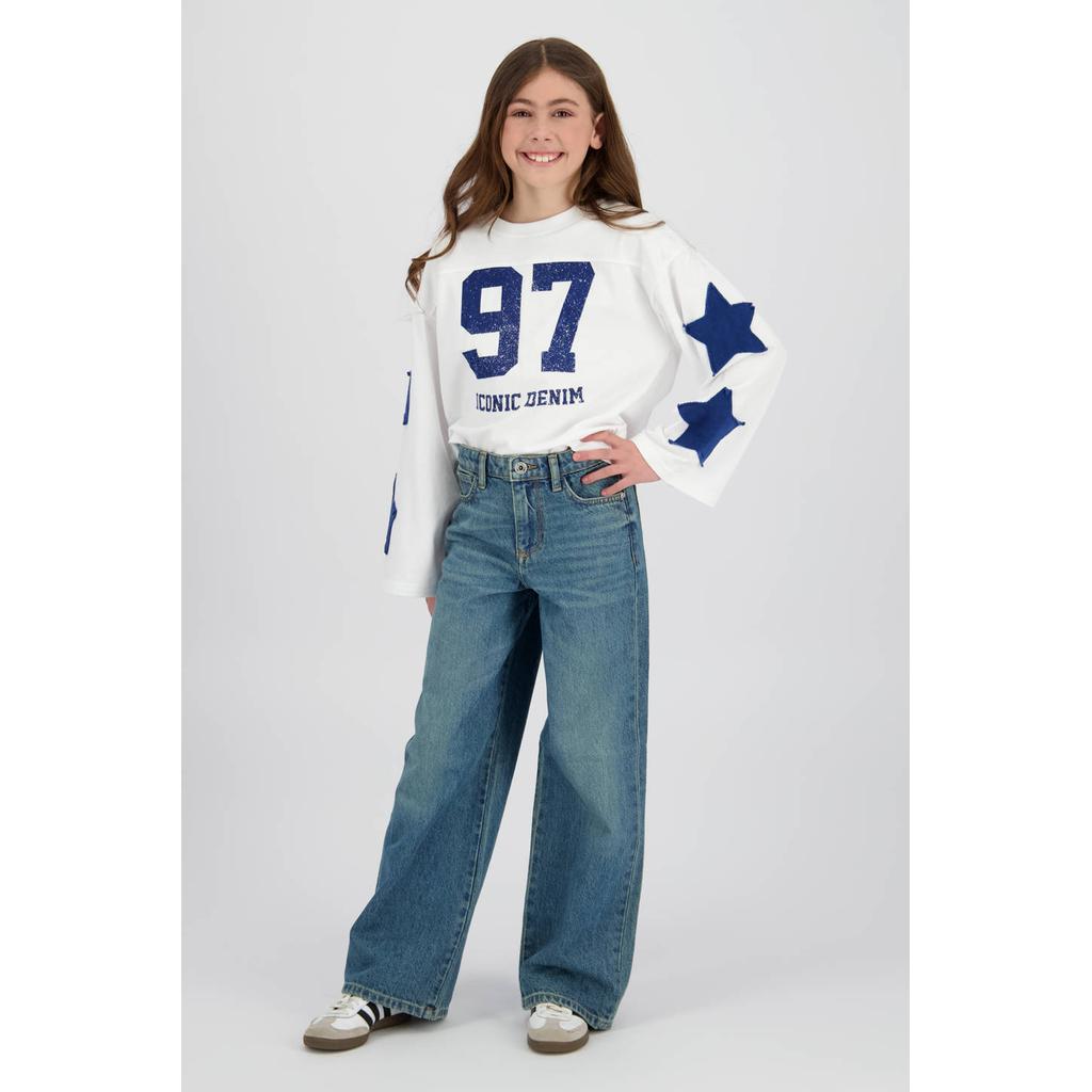 Medium blue denim meisjes Vingino high waist wide leg jeans van denim met rits- en knoopsluiting en effen