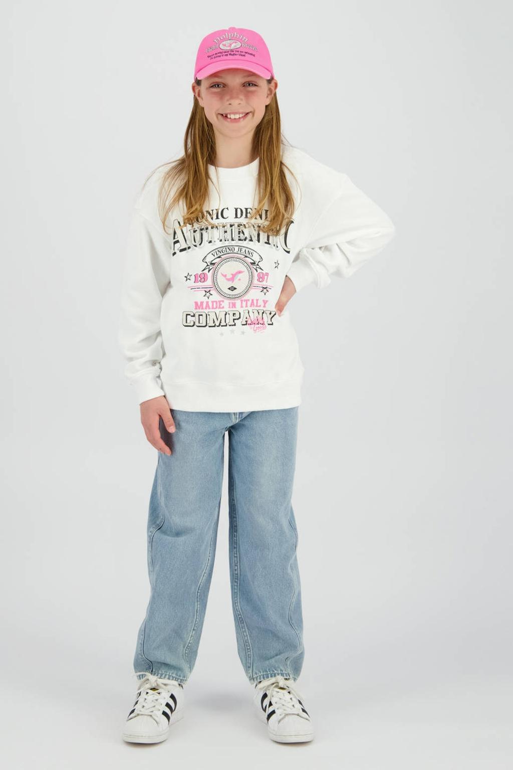 Light blue denim meisjes Vingino high waist barrel jeans van denim met rits- en knoopsluiting en effen