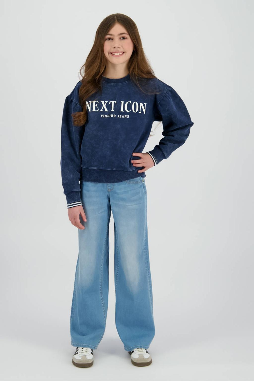 Light blue denim meisjes Vingino high waist wide leg jeans van stretchdenim met rits- en knoopsluiting en effen