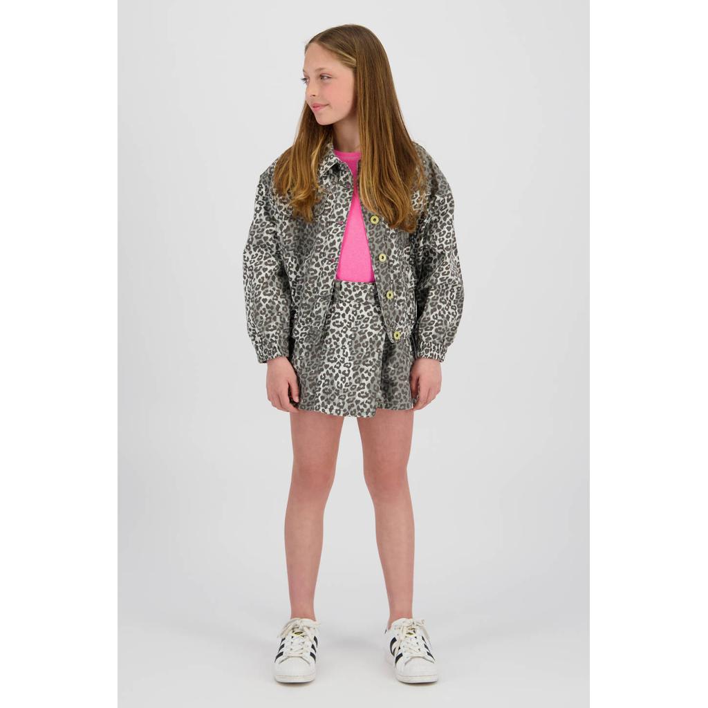 Grey denim meisjes Vingino skort met panterprint gemaakt van denim en met rits- en knoopsluiting