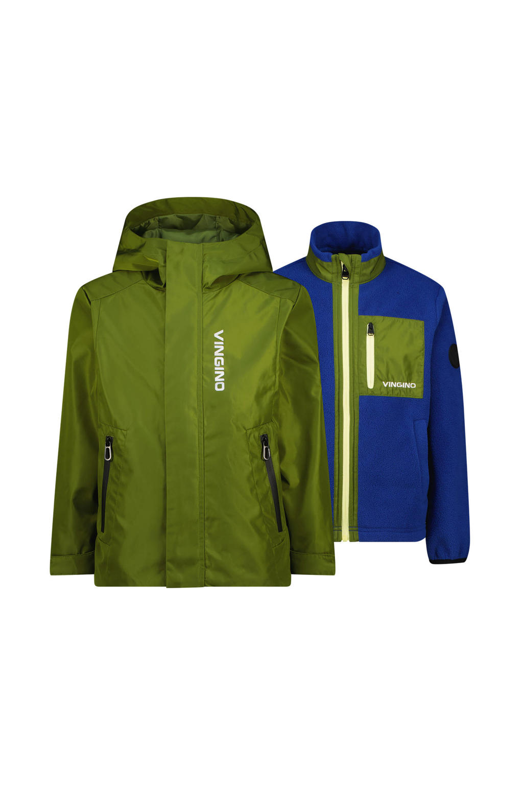 Groen en blauwe jongens Vingino regenjas van polyester met effen, lange mouwen, capuchon en ritssluiting