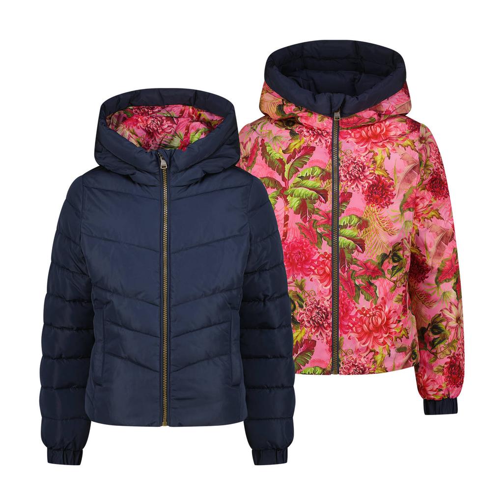 Donkerblauw en roze meisjes Vingino reversible jas van polyester met bloemenprint, lange mouwen, capuchon en ritssluiting