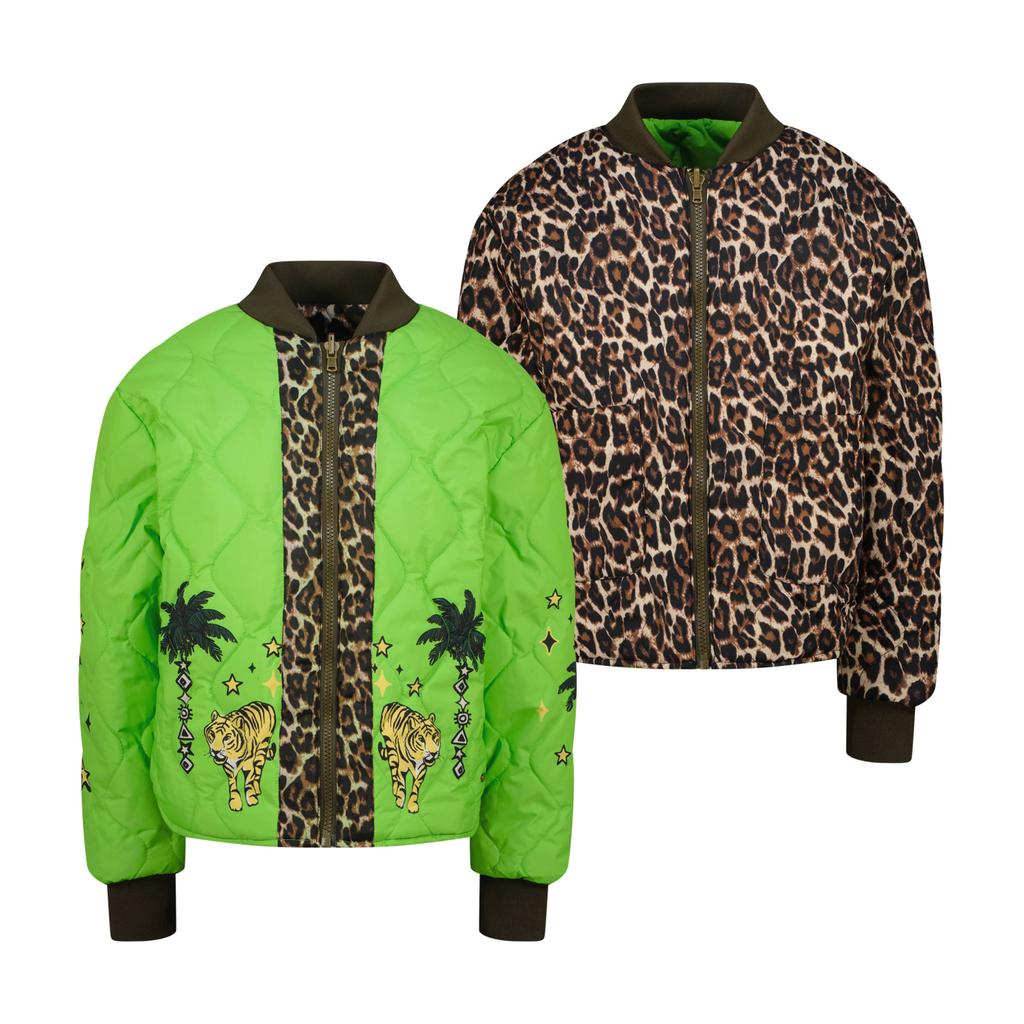 Groen en bruine meisjes Vingino reversible jas van polyester met dierenprint, lange mouwen, opstaande kraag en ritssluiting