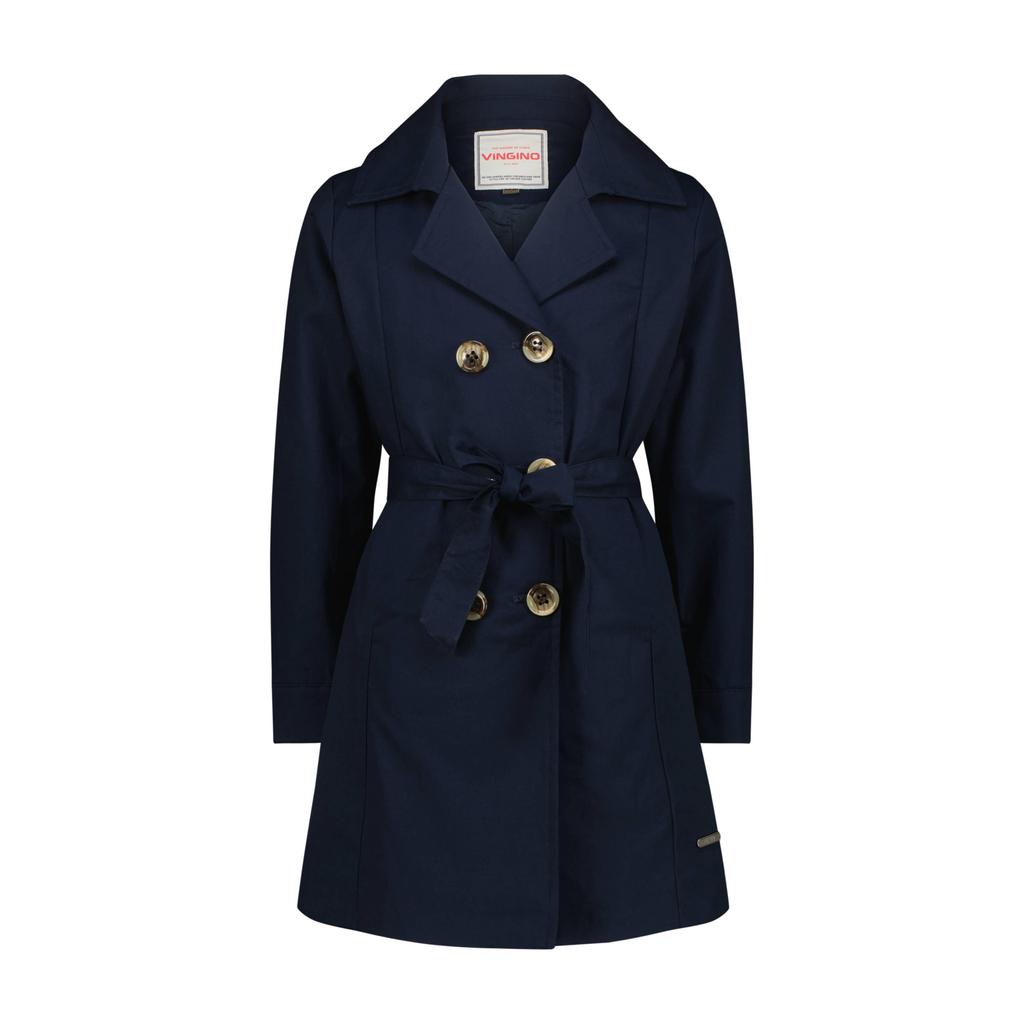 Donkerblauwe meisjes Vingino trenchcoat van katoen met effen, lange mouwen, reverskraag en knoopsluiting